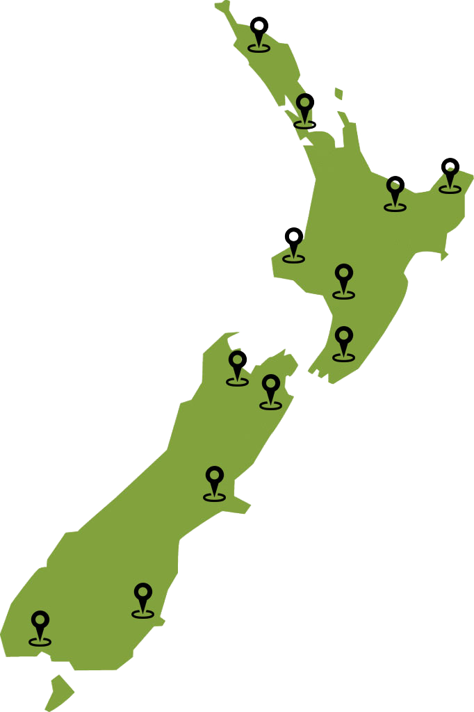 Map of Aotearoa (NZ) with location markers on some of the towns and cities